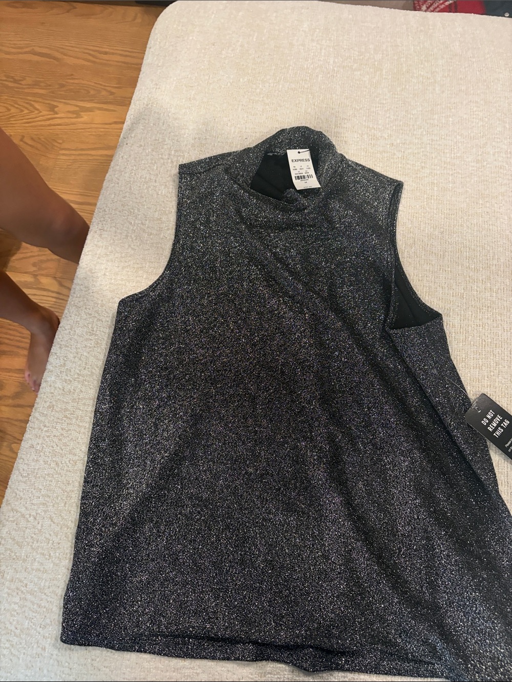 Express Metallic Mock Neck Tank Top - Black Silver Sparkle